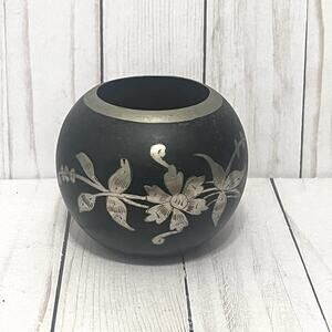 Vintage Etched Brass Floral Bowl Made in India Black & Silver Engraved Metalware